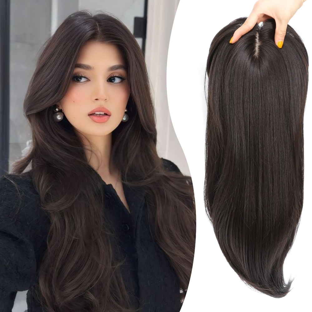 18” Synthetic Hair Topper with Bangs‎ • Layered • 5.5x5 Base • Dark Brown